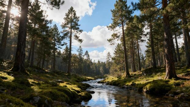 Tall pine trees line the banks of a clear flowing stream under a partly cloudy sky photo
