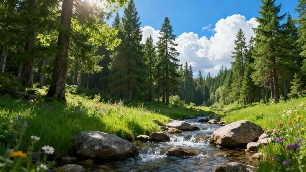 Bright sunlight illuminates a vibrant forest stream flowing through a meadow lined with tall evergreen trees. photo