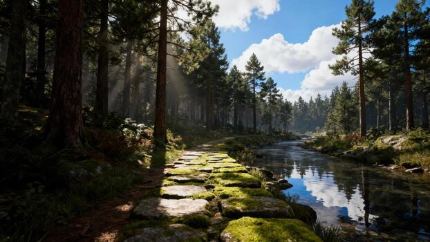 Sunlight streams through dense evergreen forest illuminating a moss covered stone pathway beside a clear flowing stream photo
