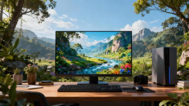 Modern computer setup rests on a wooden desk surrounded by lush tropical foliage under a bright sky photo