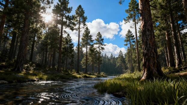 Sunlight streams through tall pine trees lining a moving forest stream under a bright blue sky photo