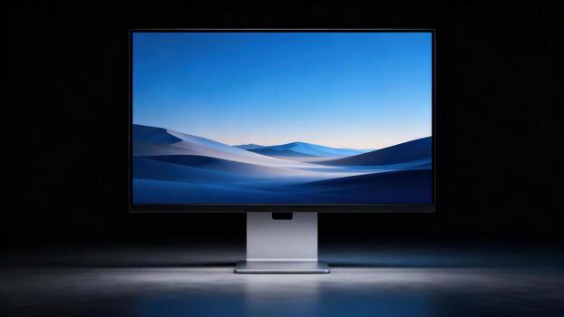 Contemporary digital display device stands centered against a dark background showcasing a vivid blue landscape image photo