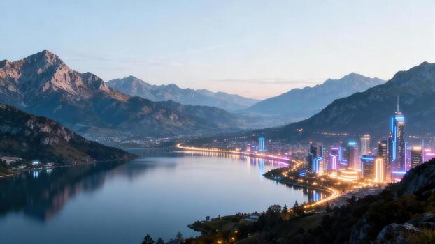 Futuristic illuminated cityscape nestles between dramatic mountain ranges beside a tranquil lake at twilight photo