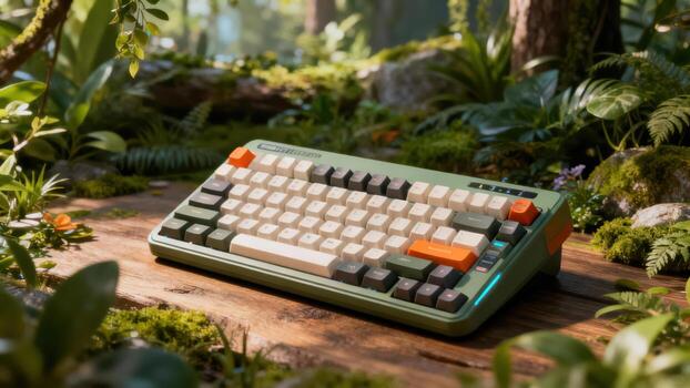 Mechanical input device rests upon a wooden surface surrounded by lush natural foliage. photo