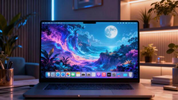 Modern notebook computer displaying vibrant digital artwork sits on a desk in a warmly lit interior space photo