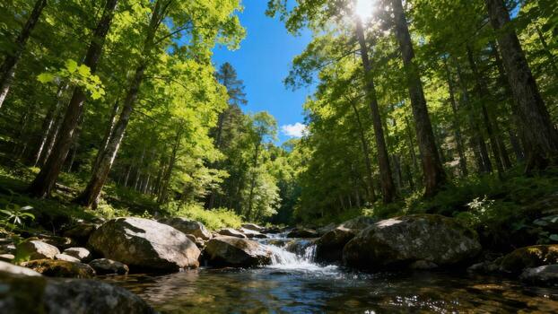 Sunlight streams through the dense canopy illuminating a vibrant forest stream flowing over mossy rocks. photo