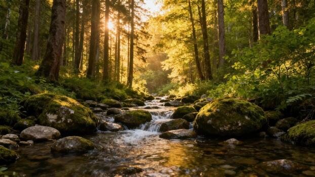 Sunlight streams through dense woodland illuminating a rocky stream flowing over moss covered stones photo