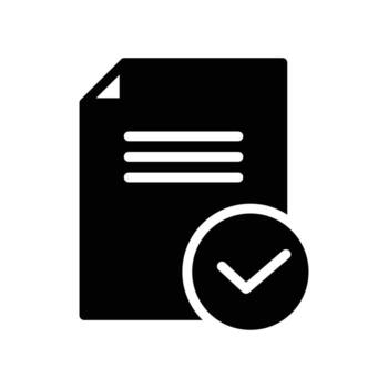 document featuring filled text lines and a checkmark inside a circle solid icon design good for web or mobile app vector