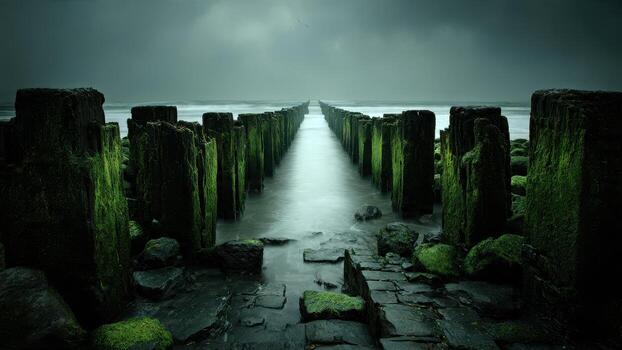 Rows of moss covered wooden pilings extend into the misty ocean under a dark overcast sky photo