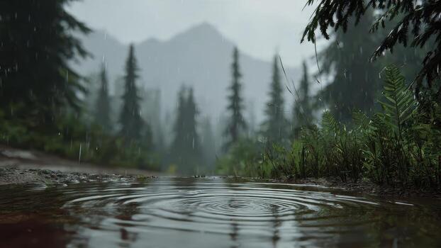 gotas de lluvia crear ondas en el agua superficie junto a lozano verde helechos en un brumoso bosque foto
