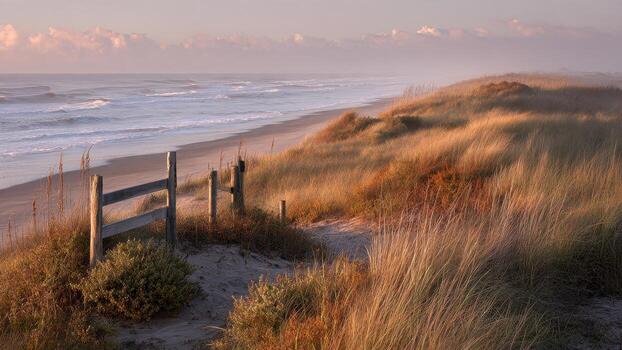 Wooden fence line path leading to a sandy beach with ocean waves under a soft sunset sky photo