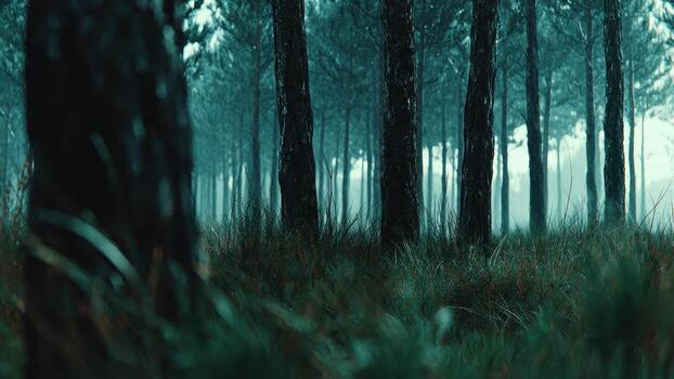 Dark pine tree trunks rise above lush green damp undergrowth in a moody forest scene photo