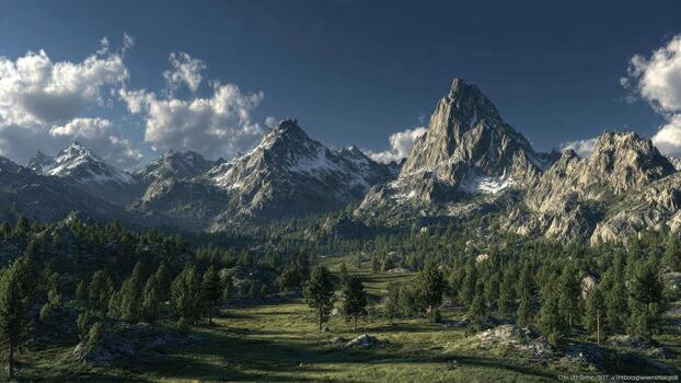 Majestic snow capped mountain range towering above a dense evergreen forest under a blue sky photo
