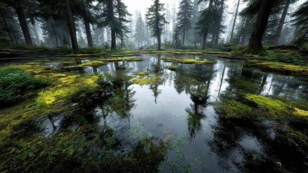 Clear forest pool reflects tall pine trees shrouded in atmospheric mist with vibrant green moss coverage photo