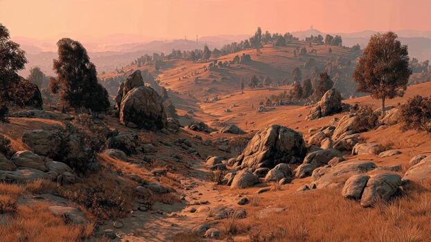 Arid hillside landscape with large boulders dry grasses and scattered trees under a soft hazy sky photo