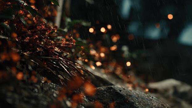 Dark moody scene featuring wet rock small orange flowers and falling rain with bokeh lights photo