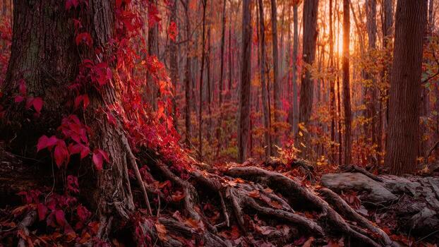 Vivid red vine covers a large tree's trunk and exposed roots on a forest floor with autumn sunlight photo