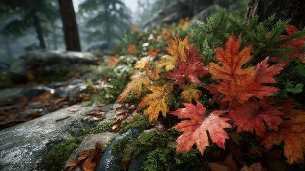 Vivid red and yellow autumn leaves rest on mossy rocks beside tree trunk in a forest photo