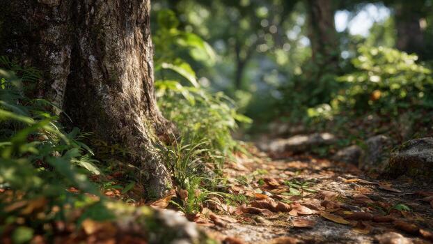 Close up view of a rough tree trunk base beside a leaf covered forest path photo