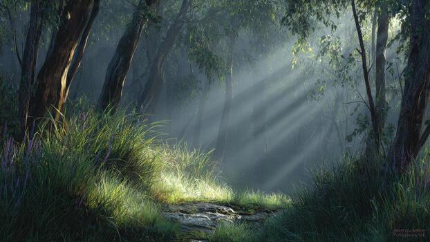 Sunlight rays penetrate misty forest creating dramatic light beams over a grassy shaded woodland path photo