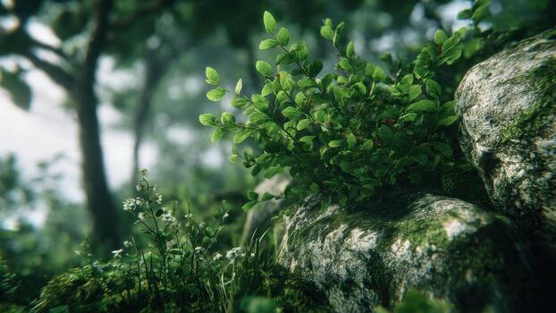 Close view of lush green foliage and mossy rocks in a bright forest setting photo