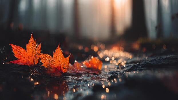 Two wet bright orange maple leaves rest on dark wet ground with sunlit bokeh in a forest setting photo
