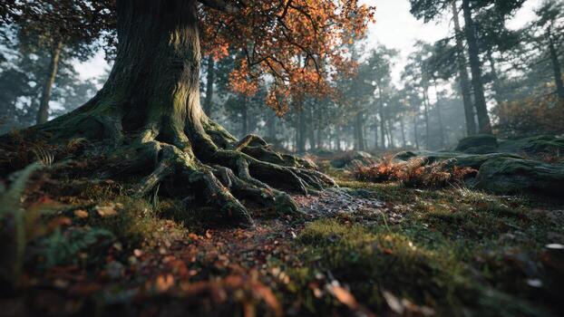 Ancient tree roots covered in moss dominate a misty autumn forest floor with bright light photo