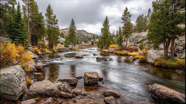 Mountain river flows over rocks between pine trees and autumn brush under an overcast sky photo