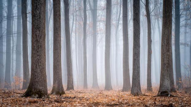 Tall textured tree trunks rise through dense cool fog covering an autumn forest floor photo