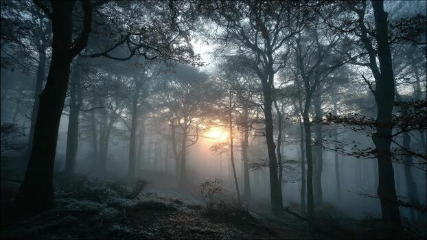 Bare trees shrouded in heavy morning mist with sunlight breaking through the dense fog photo
