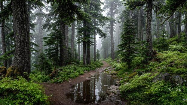 Moody misty forest path winds through dense evergreen trees with standing water reflections photo