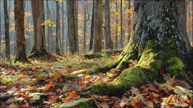 Sunlight illuminates a large tree trunk base covered in vibrant green moss amidst fallen autumn leaves photo