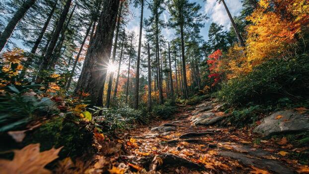 Sunlight streams through tall pine forest trees over a rocky hiking trail covered in autumn leaves photo