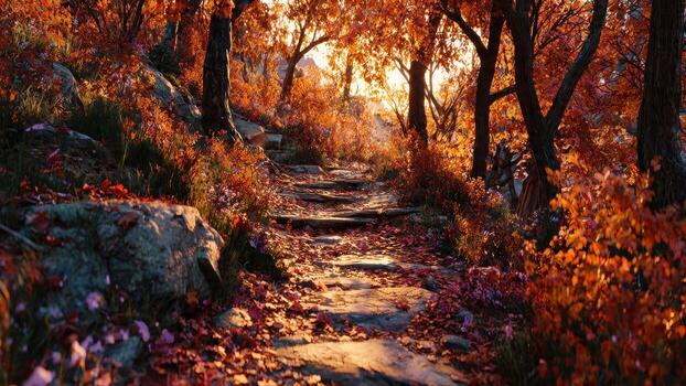 Sunlight streams down a stone path winding through a vibrant forest canopy of autumn foliage photo