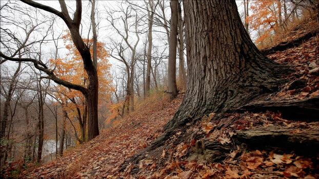 Large tree trunk base on steep hill covered with autumn leaves and bare forest background photo