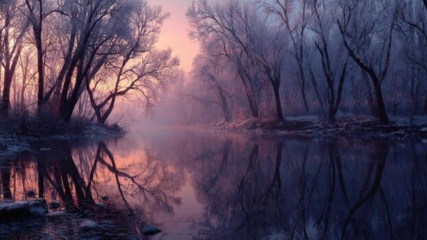 Bare frosty trees line a calm river at dawn with pink and blue light reflections photo