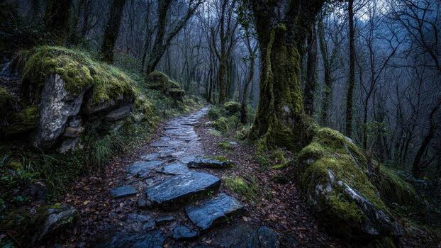 Dark mossy forest path winds between large lichen covered rocks and bare trees photo