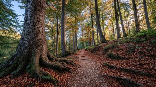 Forest path winding uphill lined with tall trees featuring prominent roots and fallen autumn leaves photo