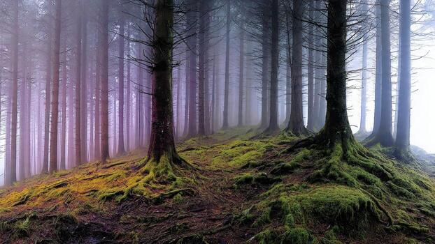 Tall evergreen trees shrouded in dense fog above moss covered forest ground with exposed roots photo