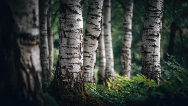 Close up row of white birch tree trunks with dark markings rising above lush green undergrowth photo
