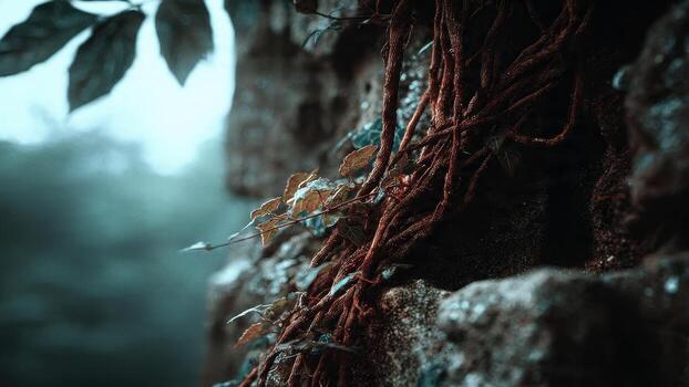 Dark tangled vine roots clinging to rough stone texture with blurred misty background photo