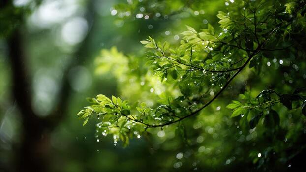 Bright green wet leaves on a tree branch showing rain droplets with strong bokeh background photo