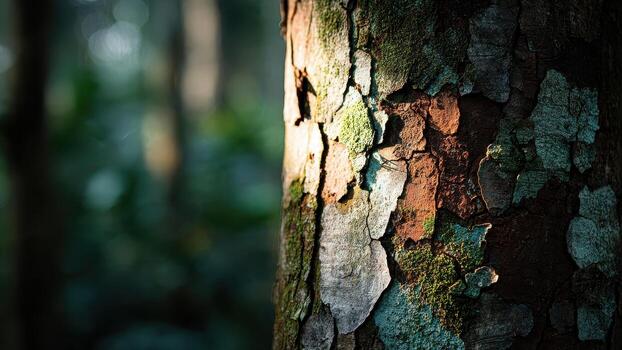 Close up of richly textured tree bark with peeling layers showing color and moss in a dark forest photo