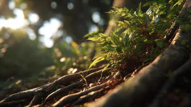 Sunlight streams through forest canopy illuminating large tree roots and vibrant green fern growth on the ground photo