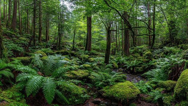 Lush temperate rainforest floor covered in vibrant green moss and ferns with tall trees overhead photo