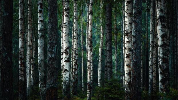 Tall birch trees with distinctive white and dark bark stand densely packed in a lush green forest photo