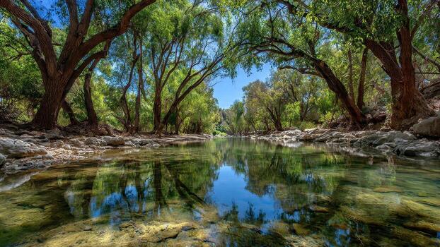 Clear river flows between banks lined with large trees under a bright blue sky photo