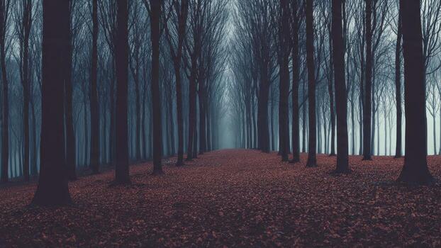 Dark forest path lined with tall bare trees covered in fallen reddish brown autumn leaves photo