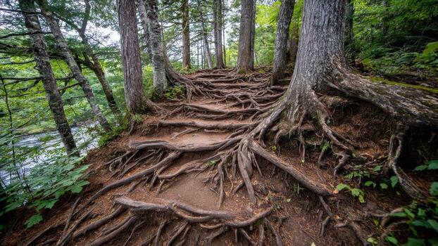 Steep forest trail with exposed tree roots forming natural steps near a flowing river photo
