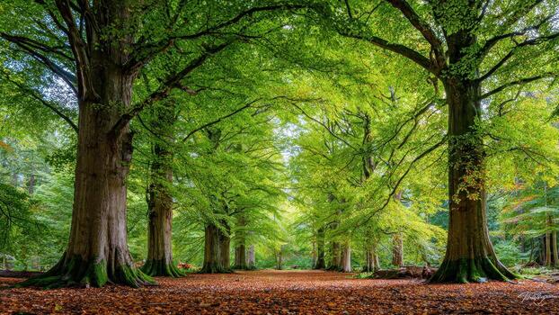 imponente antiguo bosque arboles con brillante verde primavera follaje línea un camino cubierto en caído otoño hojas foto